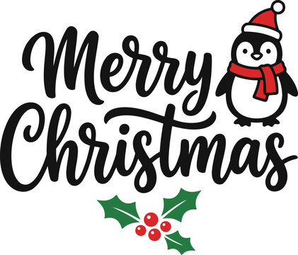 Merry christmas text with a cute penguin wearing a santa hat and scarf
