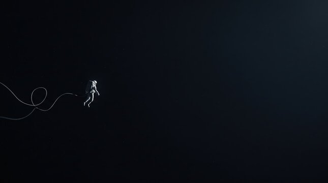 Solitary Astronaut Floating in Deep Space Void Connected by a Safety Tether