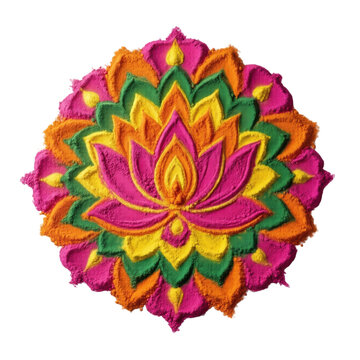 Colorful powder rangoli in a lotus mandala pattern, isolated on transparent background