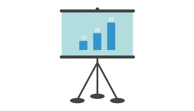 Office presentation board on a tripod displaying a blue bar graph with increasing values of ten, twenty-five, and fifty.