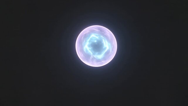 Cinematic video animation of a luminous blue plasma sphere with electric energy swirling inside against a deep black background.