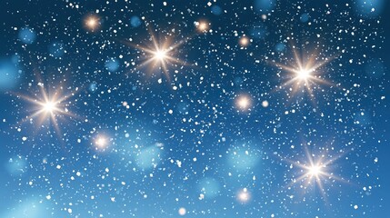 Naklejka premium Abstract blue background with glowing stars and falling white confetti, festive luminous composition with soft bokeh and sparkling light effects