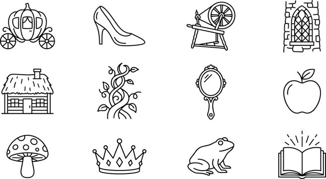 Classic Fairytale and Magic Storybook Line Icon Set with Pumpkin Carriage Glass Slipper Spinning Wheel Crown Mirror and Frog Prince Symbols