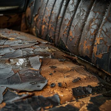 Closeup photo of worn leather seat in abandoned convertible capturing rainwater Canon EOS R5 100mm Macro lens Editors rating 60