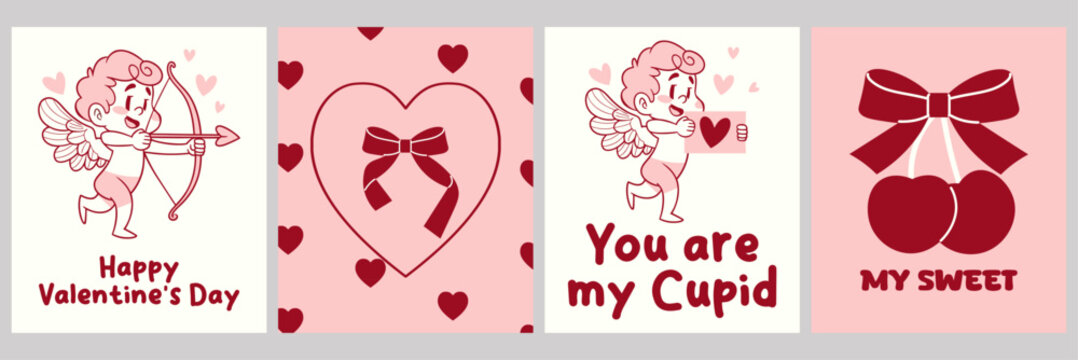 Valentines Day poster. Romantic greeting cards. Fashionable romantic posters with festive cupids, bows, cherries, and hearts. Coquettish wedding banner