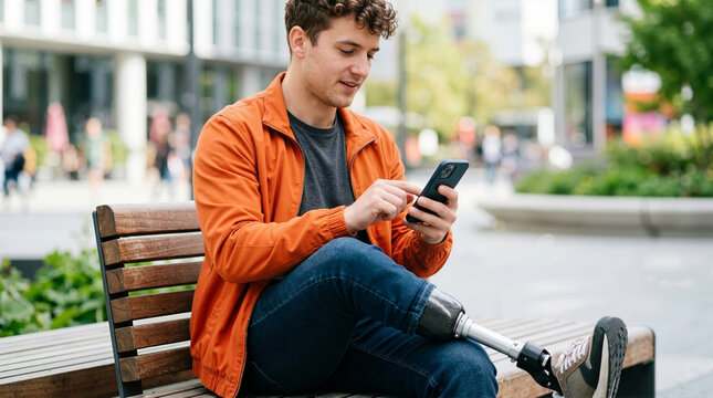Young man with prosthetic leg using smartphone on city bench. Male student sitting outdoors with mobile phone