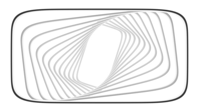 White rounded rectangular frames rotate within a dark outer border in an isolated abstract 3D design with layered geometric outlines and a clear open center for graphic layouts