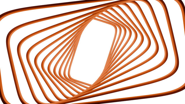 Orange rounded rectangular loops twist around an open center in an abstract 3D composition with repeating tubular frames and a warm geometric rhythm for creative layouts