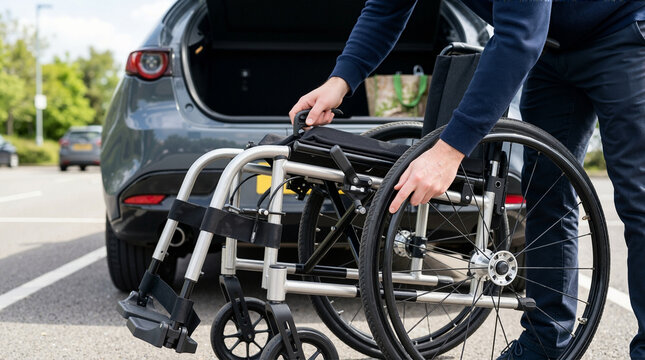 Person placing a folded wheelchair into a car trunk. Transporting mobility equipment in vehicle boot outdoors
