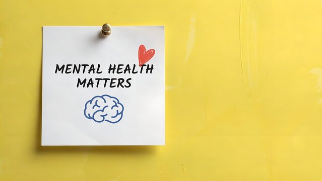Sticky note with mental health matters message, brain and heart icons, pinned on a yellow wall