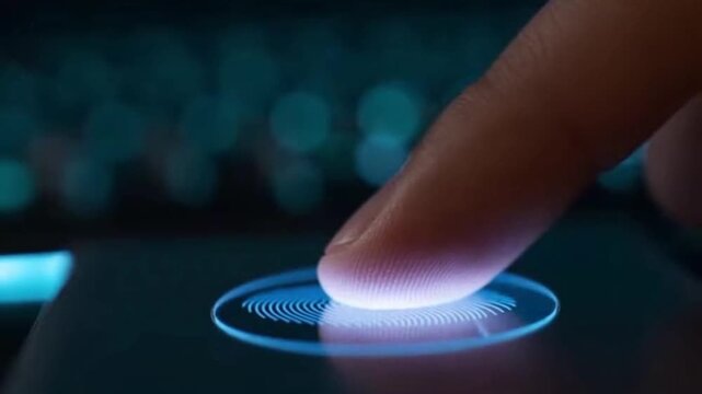 A fingerprint is scanned on a transparent digital surface in a clean biometric security concept.