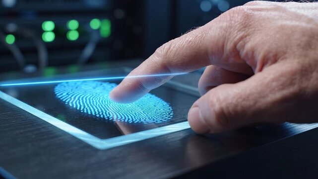 A fingerprint is scanned on a transparent digital surface in a clean biometric security concept.