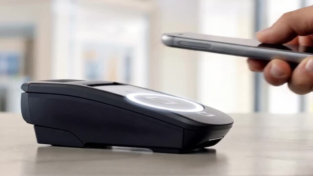 A smartphone makes a contactless payment at a modern retail terminal in a clean fintech scene.