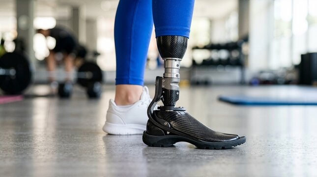 Low angle close-up of modern carbon fiber prosthetic foot in gym setting. Amputee training and exercising with advanced bionic leg