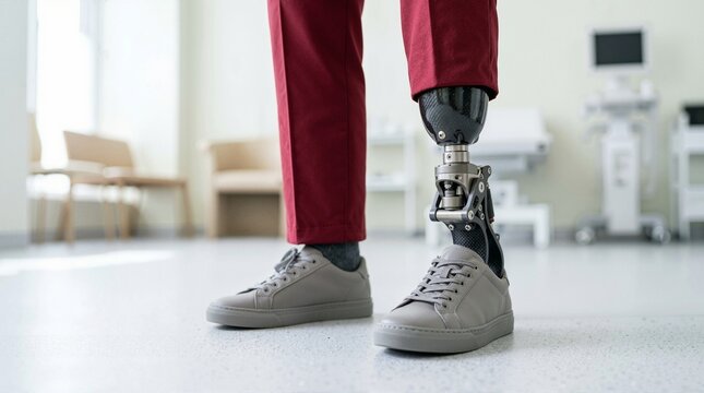 Close-up of lower leg prosthetic with grey sneaker in medical clinic. Amputee wearing modern artificial limb standing on hospital floor