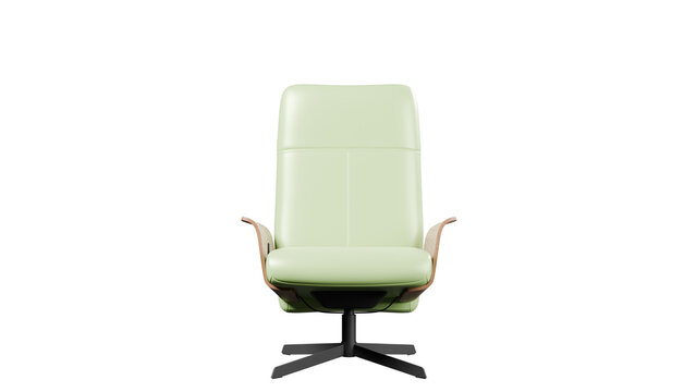 Pale green upholstered lounge chair with curved wooden armrests and a black pedestal base appears in a frontal 3D furniture render for contemporary interior design