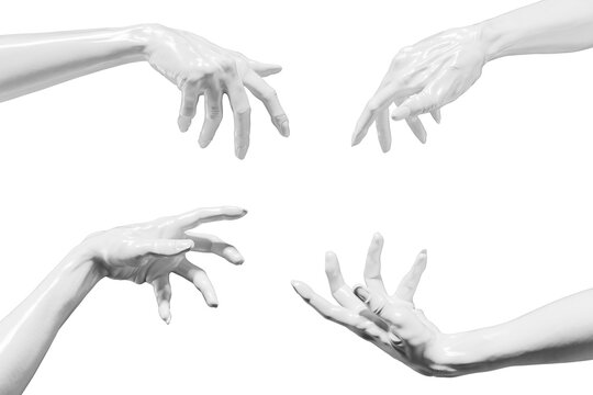 Hands with a smooth texture extend towards each other as if trying to connect. The scene has a simple background that highlights the hands in the composition. 3d render