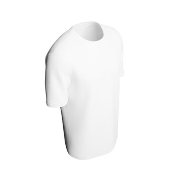 Plain white crew neck shirt appears from an elevated oblique angle in an isolated 3D apparel mockup with short sleeves and soft shading for custom garment design presentations