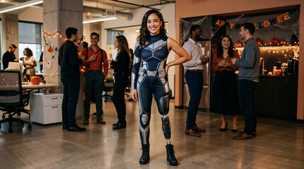 Fototapeta premium Smiling woman with prosthetic leg at office Halloween party. Young female wearing futuristic superhero costume. Corporate social gathering and inclusion concept