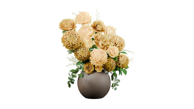 Yellow roses and rounded chrysanthemum blooms fill a dark ceramic vase with trailing green foliage in an isolated 3D floral arrangement for elegant interior and event decoration