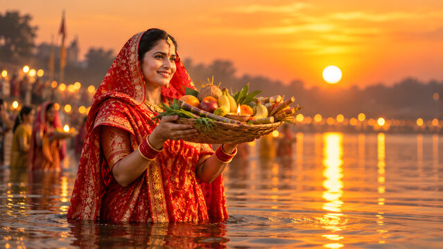 Chhath Puja Devotee Offering Traditional Fruit Basket at Sacred River During Sunset