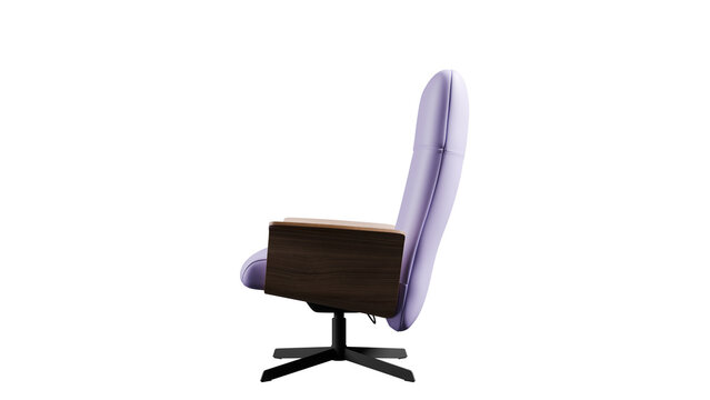 Lavender upholstered lounge chair is shown in side profile with a broad wooden armrest and black pedestal base in an isolated 3D furniture render for modern interior styling