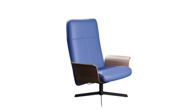 Blue upholstered lounge chair with curved wooden armrests and a slim black pedestal is shown at an angle in an isolated 3D furniture render for contemporary interior design