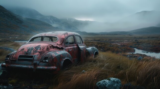 Realistic shot Abandoned car in misty valley Canon EOS R5