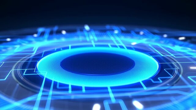 Glowing digital processor interface activates circuit lines on a dark electronic surface. Technology presentations, artificial intelligence advertising, and software product communication.