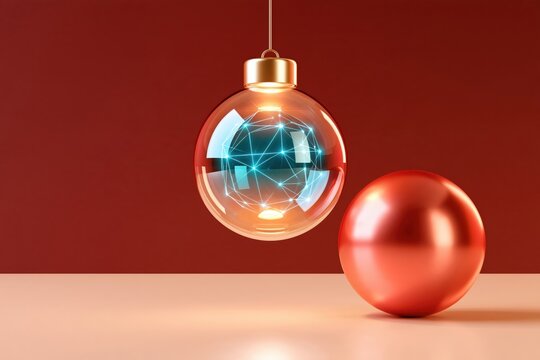 Transparent glass bauble with glowing blue network pattern hanging beside matte red sphere on warm tone surface against deep red background