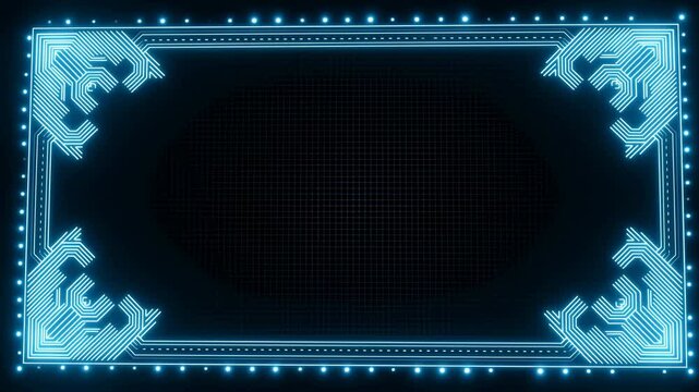 Glowing cyan geometric frame animates around a dark gridded center in abstract digital space. Technology presentation, broadcast title graphics, and gaming stream overlays.
