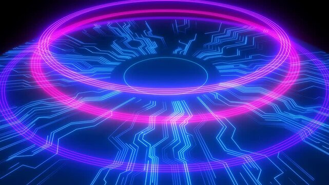 Neon digital circuit rings pulse and rotate above electronic traces in an abstract technology environment. Technology presentations, software advertising, and cybersecurity campaigns.