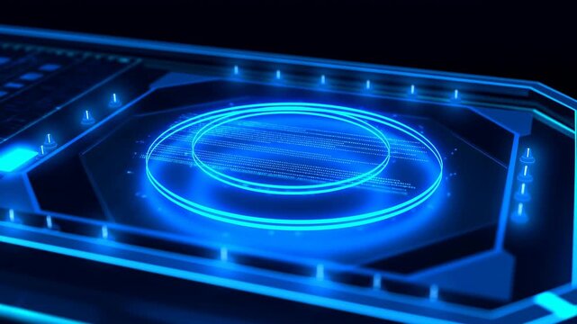 Futuristic digital interface rotates and pulses on a glowing electronic platform in a dark environment. Technology presentations, software marketing, and cybersecurity explainers.