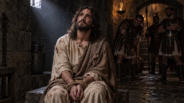 Bound Biblical Prisoner Praying in a Dark Stone Chamber
