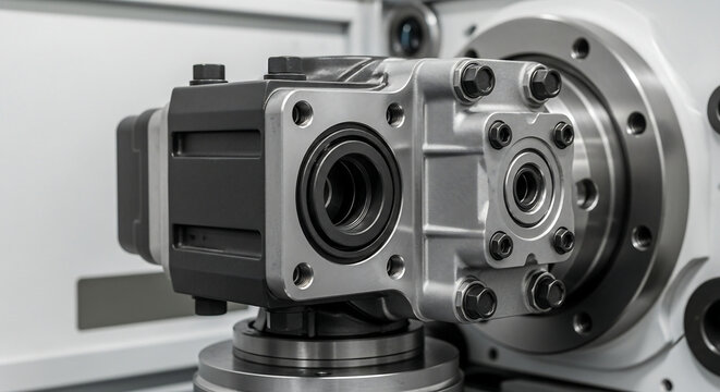 Close-up view of a precision-engineered industrial gearbox or hydraulic pump assembly.