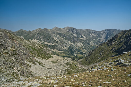 View during hiking to Puigpedros mountain peak in Pyrenees mountains in Spain near borders with France