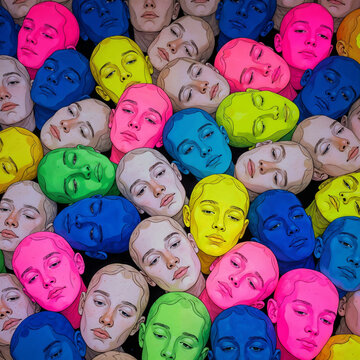 Crowd of Colorful Human Faces Pattern for Diversity and Mental Health Concept