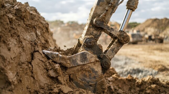 Reinforced excavator bucket tooth cutting through packed clay with hydraulic piston and mud caked linkage at a quarry