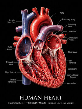 Human Heart Anatomy Cross Section Diagram Showing Four Chambers Blood Flow and Valves Medical Illustration