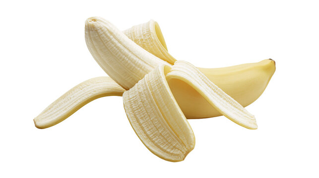 Isolated ripe yellow banana, partially peeled, revealing sweet fruit inside, fresh and healthy snack