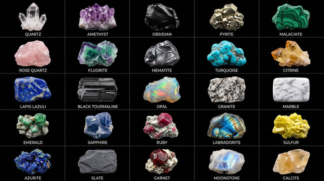 Crystals and Gemstones Chart Showing 25 Named Minerals Rocks and Precious Stones Identification Guide