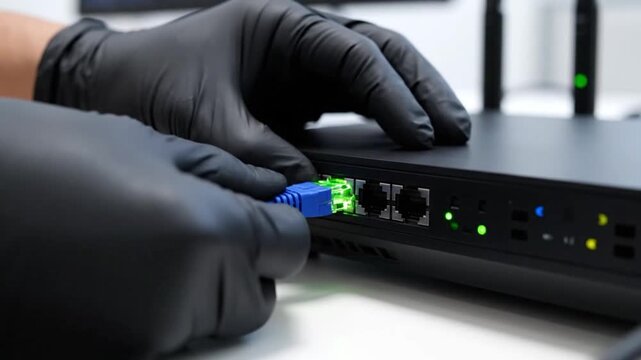 Technician Hands in Black Gloves Connecting Blue Ethernet Cable to Network Router