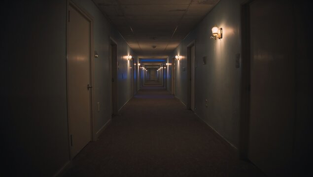 Generative AI depicts a dimly lit long hotel corridor with closed doors