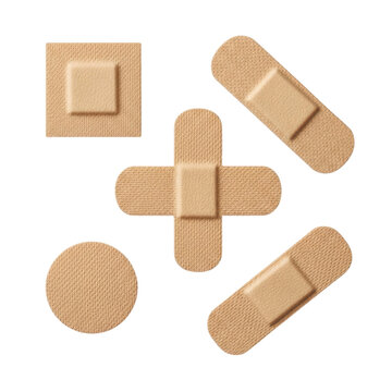 Set of different shaped adhesive medical bandages for healing wounds isolated on white background
