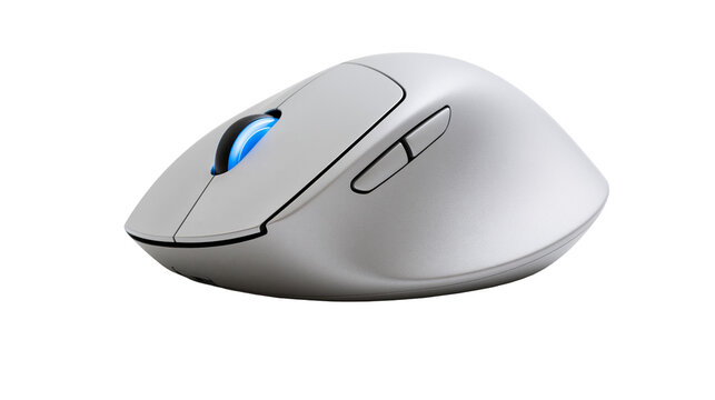 Isolated ergonomic wireless computer mouse with glowing blue scroll wheel, office tech