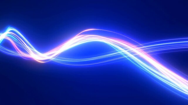 Glowing wave lines flow across a deep blue abstract digital background. Technology presentation, digital advertising, and website hero section.