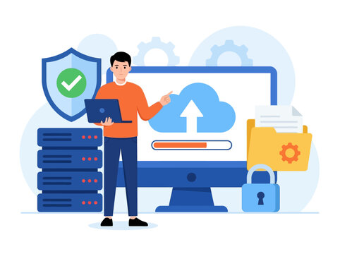Cloud Computing and Data Security Concept with IT Professional Managing Secure Server Backup, Online Storage, and Cyber Protection Illustration