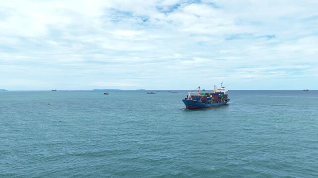 cargo ship carrying container and running for export goods from cargo yard port to custom ocean concept technology transportation. container ship export import shipping service.