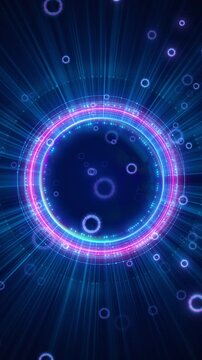 A luminous blue pink circle pulses while smaller rings drift through light rays. future dashboards, cyber themes, data visualization, digital events, logo reveals, product displays, immersive motion