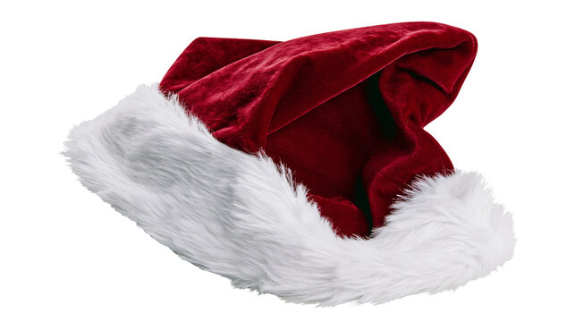 Isolated red velvet Santa Claus hat with white fur trim, classic festive holiday headwear